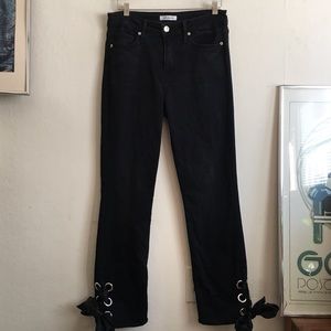 GOOD AMERICAN black stretch jeans satin bow ankle